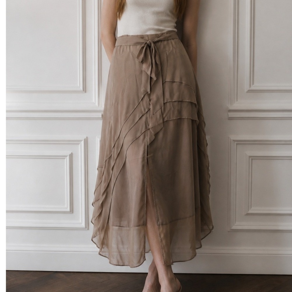 Dots Plus Size Jr. 17/18 Taupe Tiered Ruffle Midi Skirt Chiffon Fairycore